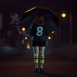 In a dark, nighttime atmosphere inspired by 'The Umbrella Academy', a plus-size teenage girl, 158 cm tall, stands with her back to the viewer