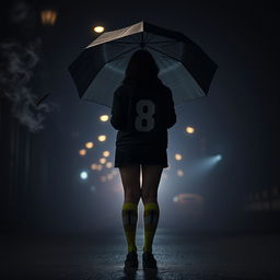 In a dark, nighttime atmosphere inspired by 'The Umbrella Academy', a plus-size teenage girl, 158 cm tall, stands with her back to the viewer