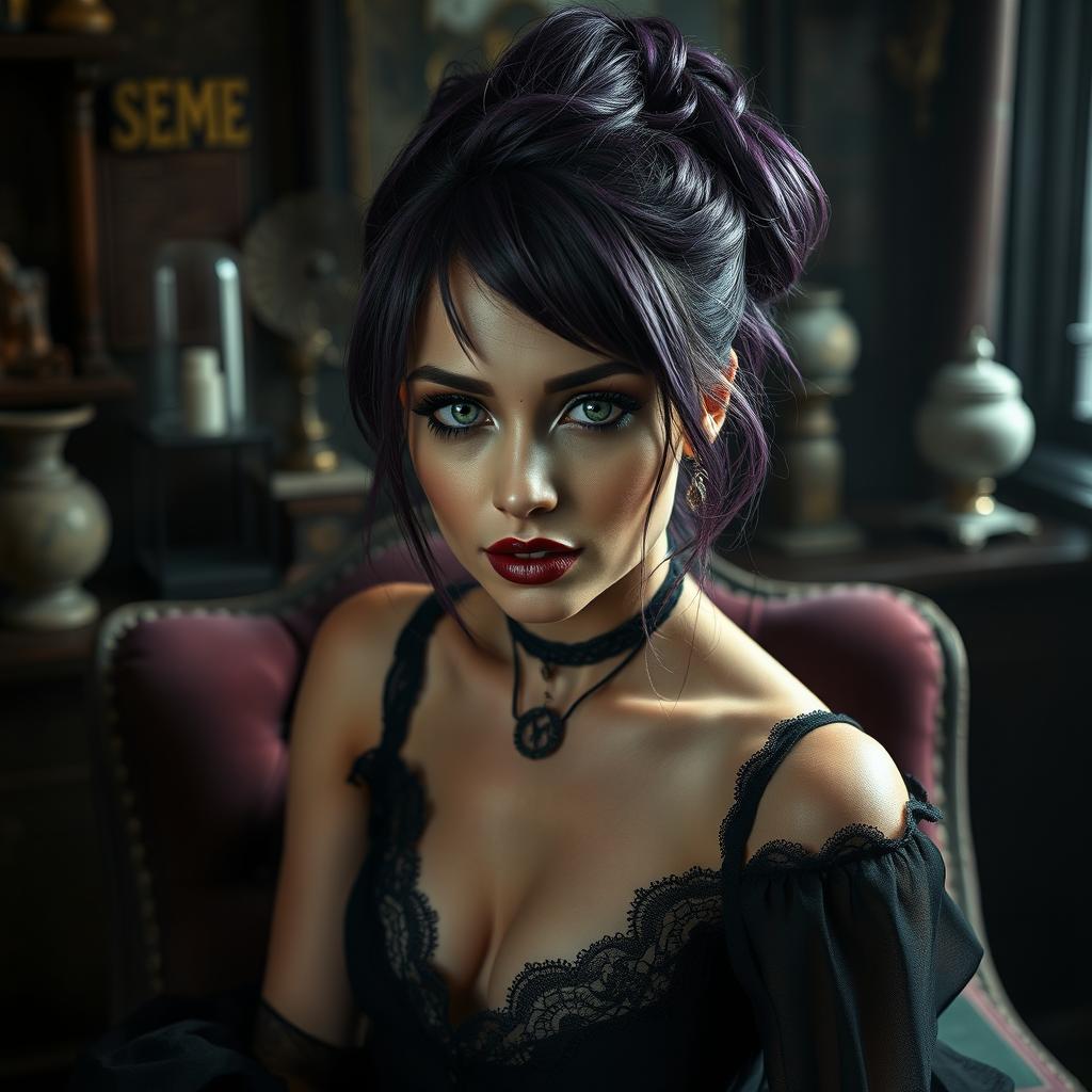 A realistic portrayal of a goth woman with a natural skin tone and a lifelike face