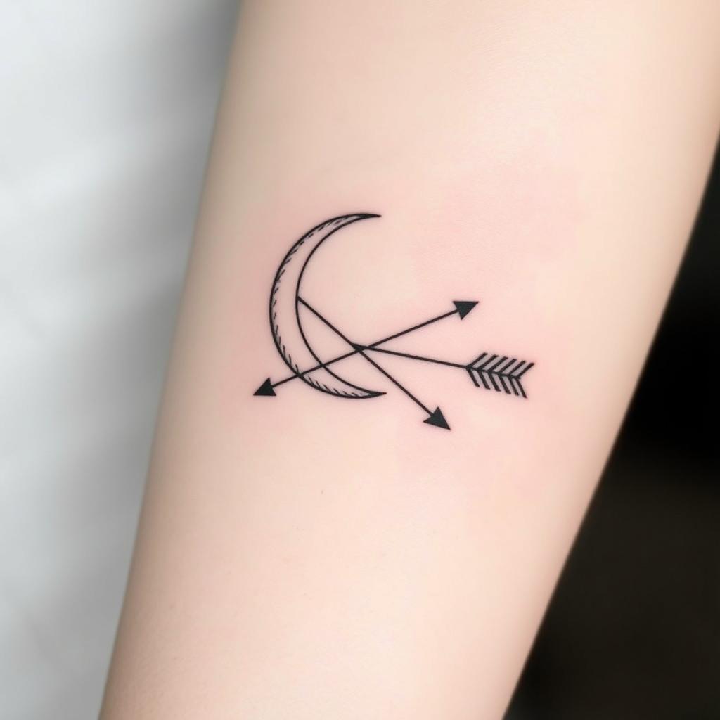 A minimalist tattoo design featuring a crescent moon and two arrows