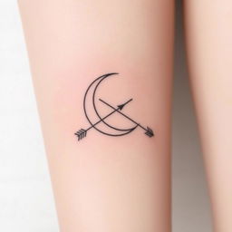 A minimalist tattoo design featuring a crescent moon and two arrows