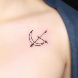 A minimalist tattoo design featuring a crescent moon and two arrows