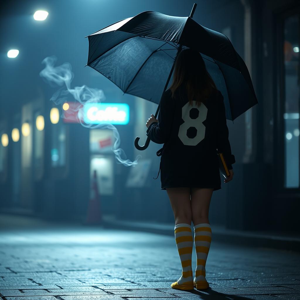 In a dark, atmospheric scene reminiscent of 'The Umbrella Academy', a plus-size teenage girl, 158 cm tall, stands with her back to the viewer