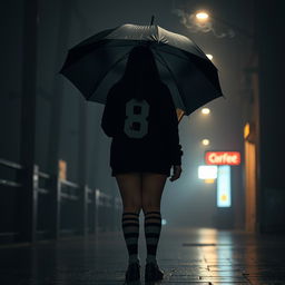 In a dark, atmospheric scene reminiscent of 'The Umbrella Academy', a plus-size teenage girl, 158 cm tall, stands with her back to the viewer