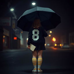 In a dark, atmospheric scene reminiscent of 'The Umbrella Academy', a plus-size teenage girl, 158 cm tall, stands with her back to the viewer