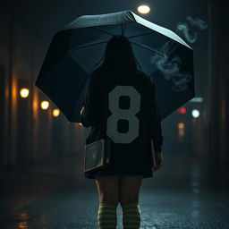 In a dark, atmospheric scene reminiscent of 'The Umbrella Academy', a plus-size teenage girl, 158 cm tall, stands with her back to the viewer