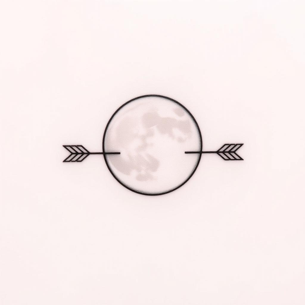 A minimalist tattoo design featuring a nearly full moon and two arrows