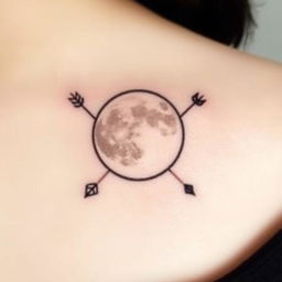 A minimalist tattoo design featuring a nearly full moon and two arrows