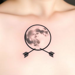 A minimalist tattoo design featuring a nearly full moon and two arrows