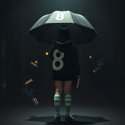 In a dark, atmospheric scene reminiscent of 'The Umbrella Academy', a plus-size teenage girl, 158 cm tall, stands with her back to the viewer