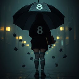 In a dark, atmospheric scene reminiscent of 'The Umbrella Academy', a plus-size teenage girl, 158 cm tall, stands with her back to the viewer