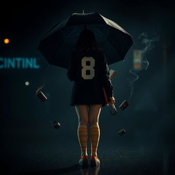 In a dark, atmospheric scene reminiscent of 'The Umbrella Academy', a plus-size teenage girl, 158 cm tall, stands with her back to the viewer