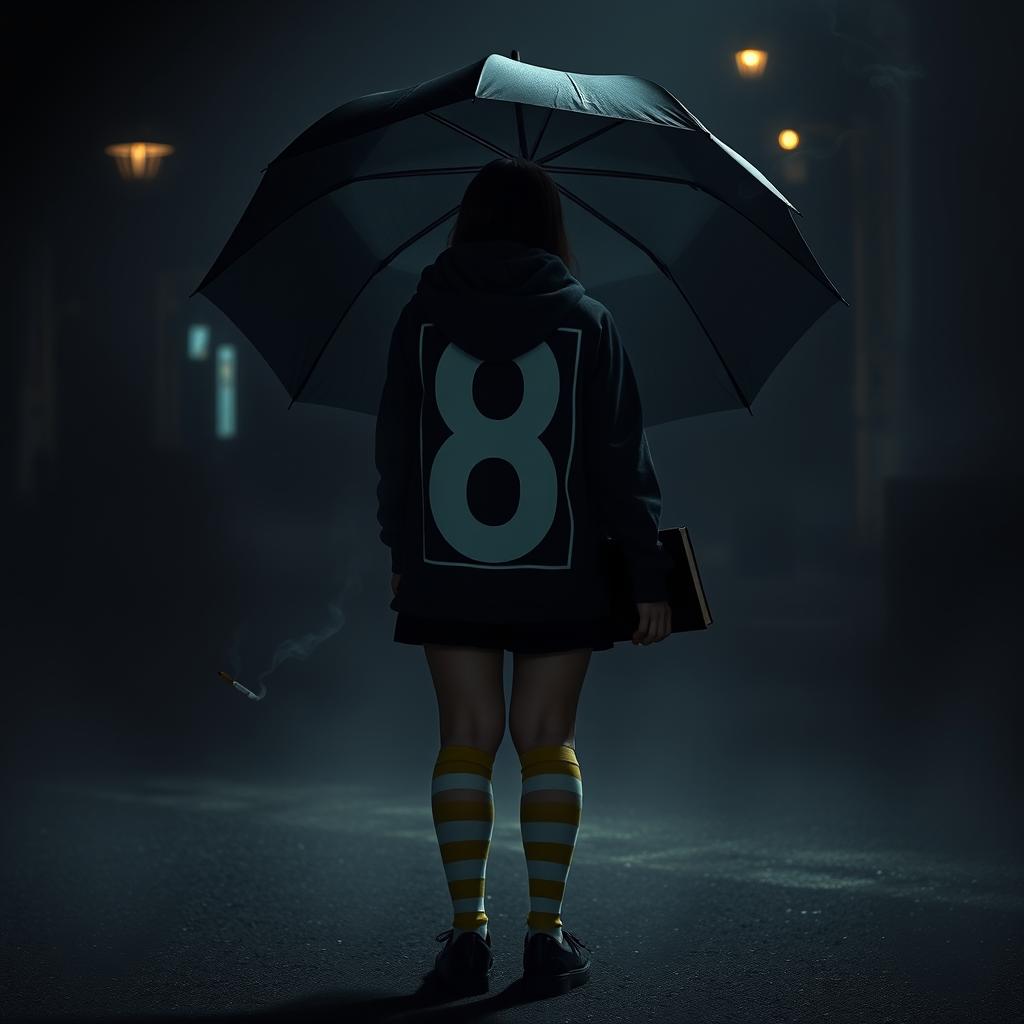 In a dark, atmospheric scene reminiscent of 'The Umbrella Academy', a plus-size teenage girl, 158 cm tall, stands with her back to the viewer