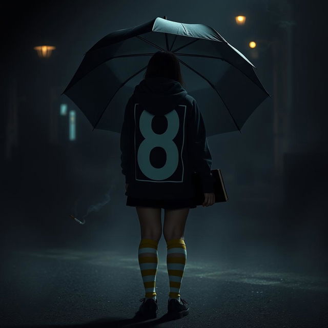 In a dark, atmospheric scene reminiscent of 'The Umbrella Academy', a plus-size teenage girl, 158 cm tall, stands with her back to the viewer