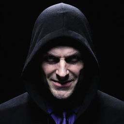 A sinister antihero with a shadowed face. The only feature visible is an evil smile. He wears a black hood, black coat, purple shirt and black tie.