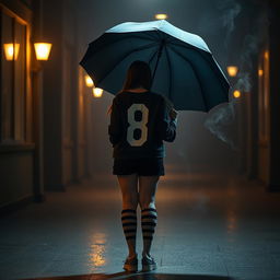 In a dark, atmospheric setting inspired by 'The Umbrella Academy', a plus-size teenage girl, 158 cm tall, stands with her back to the viewer