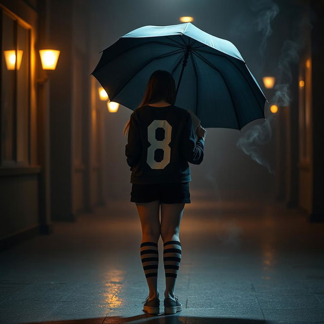 In a dark, atmospheric setting inspired by 'The Umbrella Academy', a plus-size teenage girl, 158 cm tall, stands with her back to the viewer