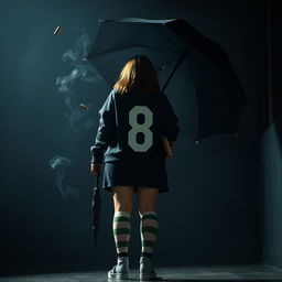 In a dark, atmospheric setting inspired by 'The Umbrella Academy', a plus-size teenage girl, 158 cm tall, stands with her back to the viewer