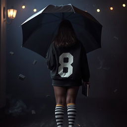 In a dark, atmospheric setting inspired by 'The Umbrella Academy', a plus-size teenage girl, 158 cm tall, stands with her back to the viewer