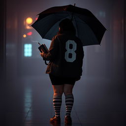 In a dark, atmospheric setting inspired by 'The Umbrella Academy', a plus-size teenage girl, 158 cm tall, stands with her back to the viewer