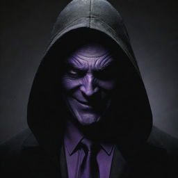 A sinister antihero with a shadowed face. The only feature visible is an evil smile. He wears a black hood, black coat, purple shirt and black tie.