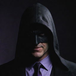 A sinister antihero with a shadowed face. The only feature visible is an evil smile. He wears a black hood, black coat, purple shirt and black tie.