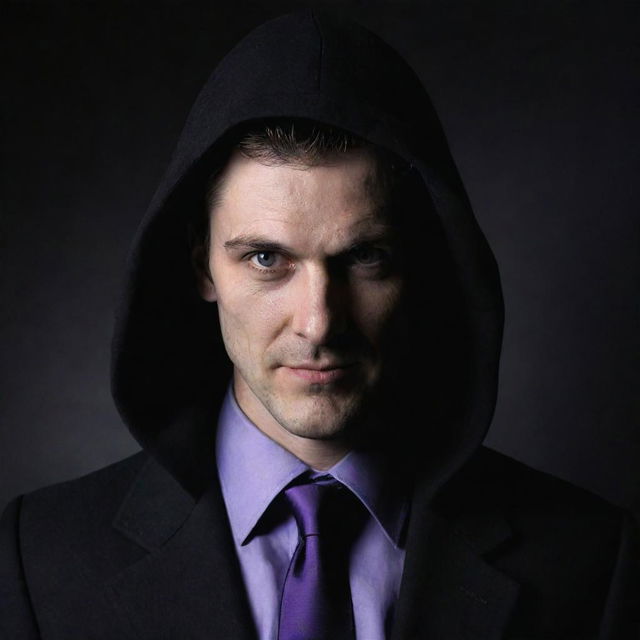 A sinister antihero with a shadowed face. The only feature visible is an evil smile. He wears a black hood, black coat, purple shirt and black tie.