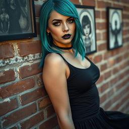 A lifelike representation of a goth woman featuring a natural skin tone and intricately detailed facial features