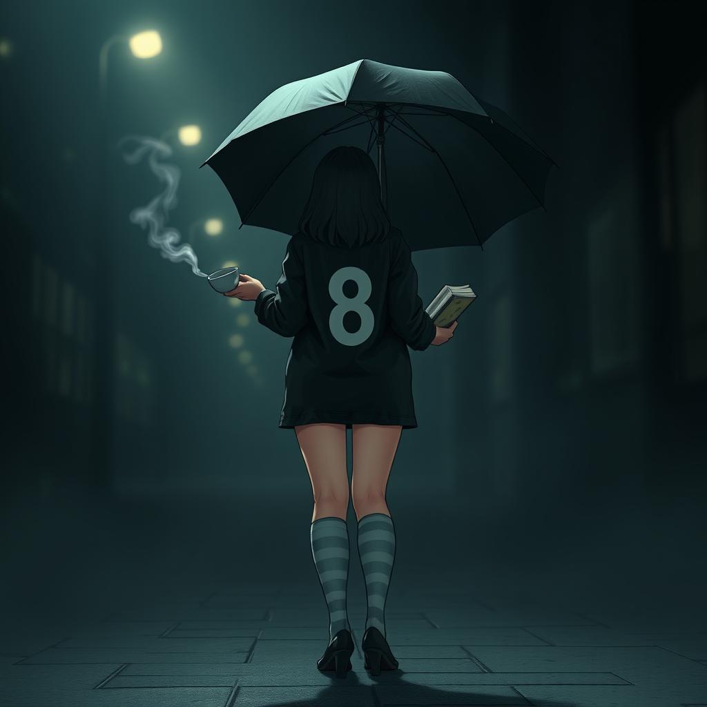 In a dark, melancholic scene inspired by 'The Umbrella Academy', a plus-size teenage girl, 158 cm tall, stands with her back to the viewer