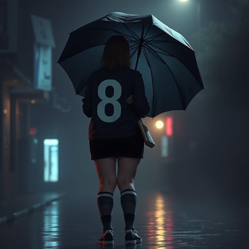 In a dark, melancholic scene inspired by 'The Umbrella Academy', a plus-size teenage girl, 158 cm tall, stands with her back to the viewer