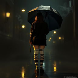 In a dark, melancholic scene inspired by 'The Umbrella Academy', a plus-size teenage girl, 158 cm tall, stands with her back to the viewer