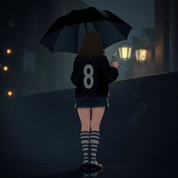 In a dark, melancholic scene inspired by 'The Umbrella Academy', a plus-size teenage girl, 158 cm tall, stands with her back to the viewer