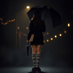 In a dark, melancholic setting inspired by 'The Umbrella Academy', a plus-size teenage girl, 158 cm tall, stands with her back to the viewer