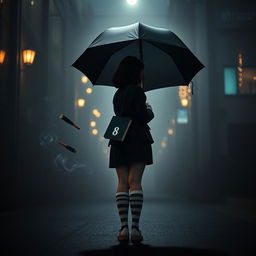 In a dark, melancholic setting inspired by 'The Umbrella Academy', a plus-size teenage girl, 158 cm tall, stands with her back to the viewer