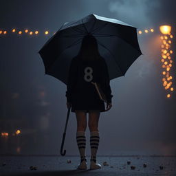 In a dark, melancholic setting inspired by 'The Umbrella Academy', a plus-size teenage girl, 158 cm tall, stands with her back to the viewer