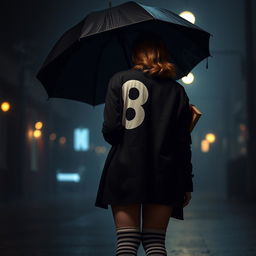 In a dark, melancholic setting inspired by 'The Umbrella Academy', a plus-size teenage girl, 158 cm tall, stands with her back to the viewer