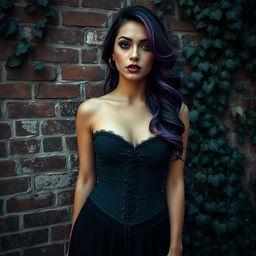 A lifelike portrayal of a goth woman with a natural skin tone and a beautifully detailed, realistic face