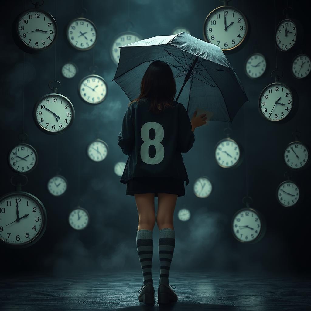 In a dark, melancholic scene filled with floating clocks, a plus-size teenage girl, standing at 158 cm tall, faces away from the viewer