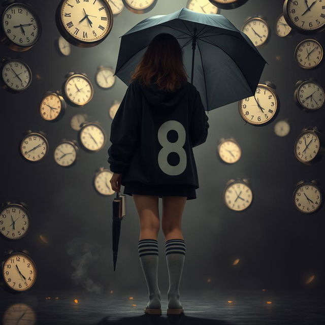 In a dark, melancholic scene filled with floating clocks, a plus-size teenage girl, standing at 158 cm tall, faces away from the viewer