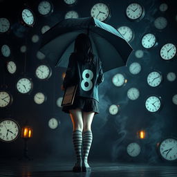 In a dark, melancholic scene filled with floating clocks, a plus-size teenage girl, standing at 158 cm tall, faces away from the viewer