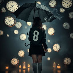 In a dark, melancholic scene filled with floating clocks, a plus-size teenage girl, standing at 158 cm tall, faces away from the viewer