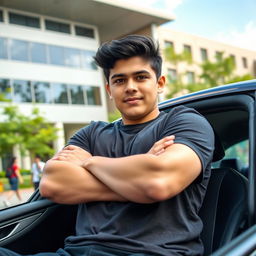 A tall, robust 17-year-old boy with crossed arms and black hair, sitting in a car at a university campus