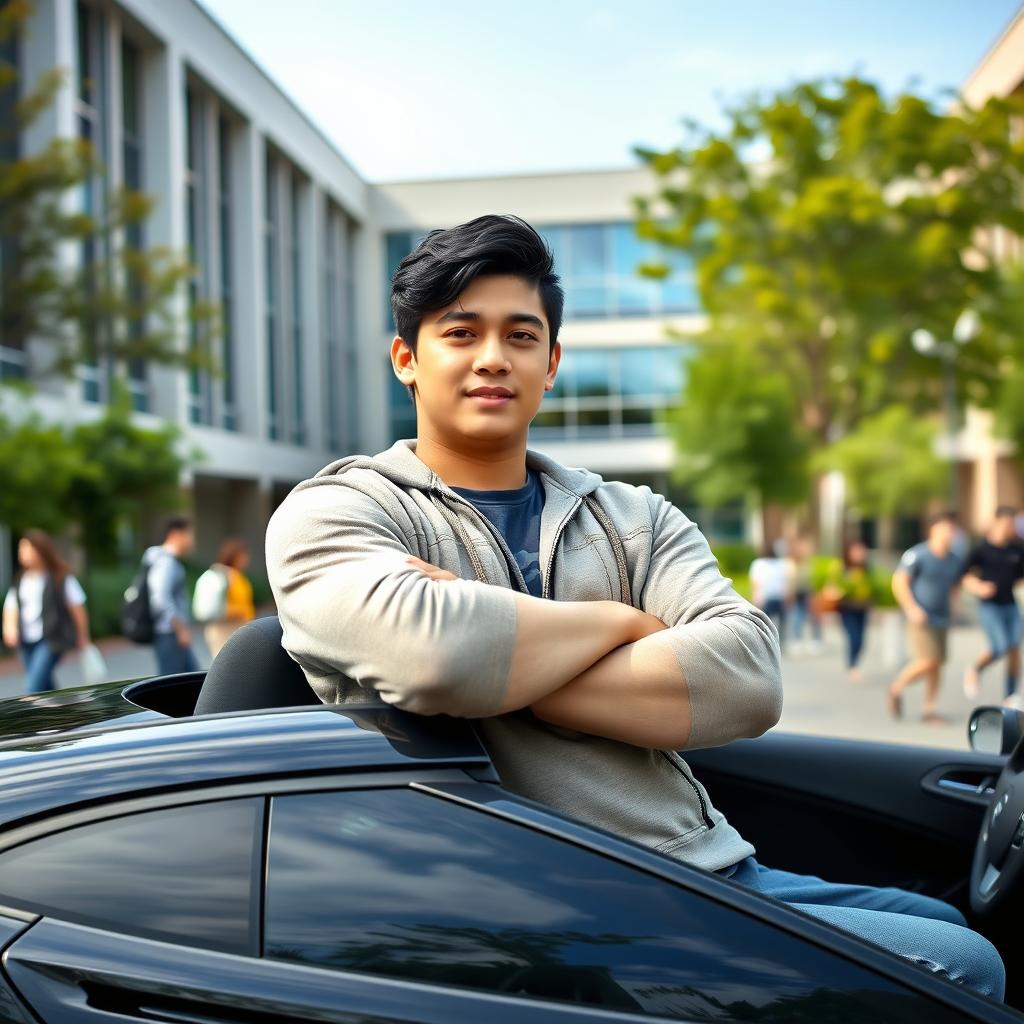 A tall, robust 17-year-old boy with crossed arms and black hair, sitting in a car at a university campus