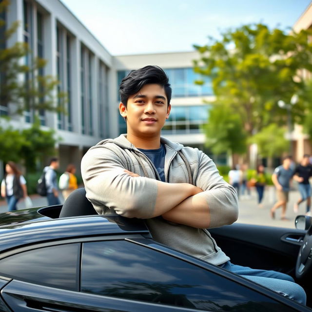 A tall, robust 17-year-old boy with crossed arms and black hair, sitting in a car at a university campus