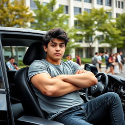 A tall, robust 17-year-old boy with crossed arms and black hair, sitting in a car at a university campus