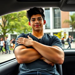 A tall, robust 17-year-old boy with crossed arms and black hair, sitting in a car at a university campus