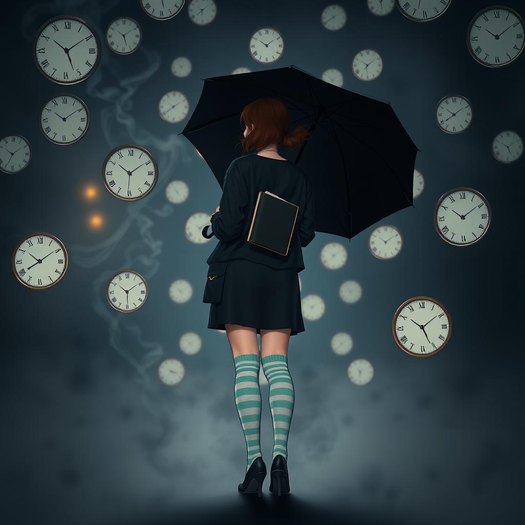 In a dark, melancholic setting filled with floating clocks, a plus-size teenage girl, standing at 158 cm tall, stands with her back to the viewer