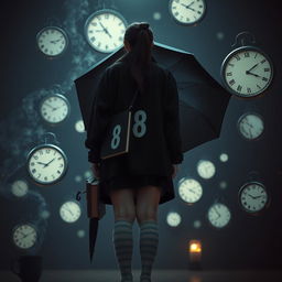 In a dark, melancholic setting filled with floating clocks, a plus-size teenage girl, standing at 158 cm tall, stands with her back to the viewer