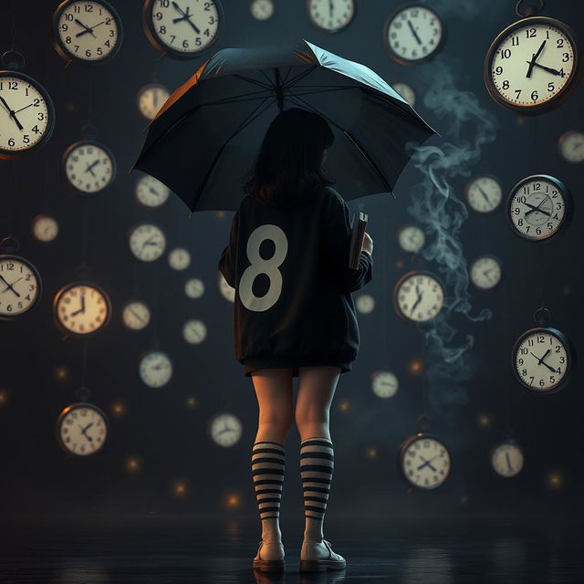 In a dark, melancholic setting filled with floating clocks, a plus-size teenage girl, standing at 158 cm tall, stands with her back to the viewer