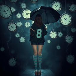 In a dark, melancholic setting filled with floating clocks, a plus-size teenage girl, standing at 158 cm tall, stands with her back to the viewer